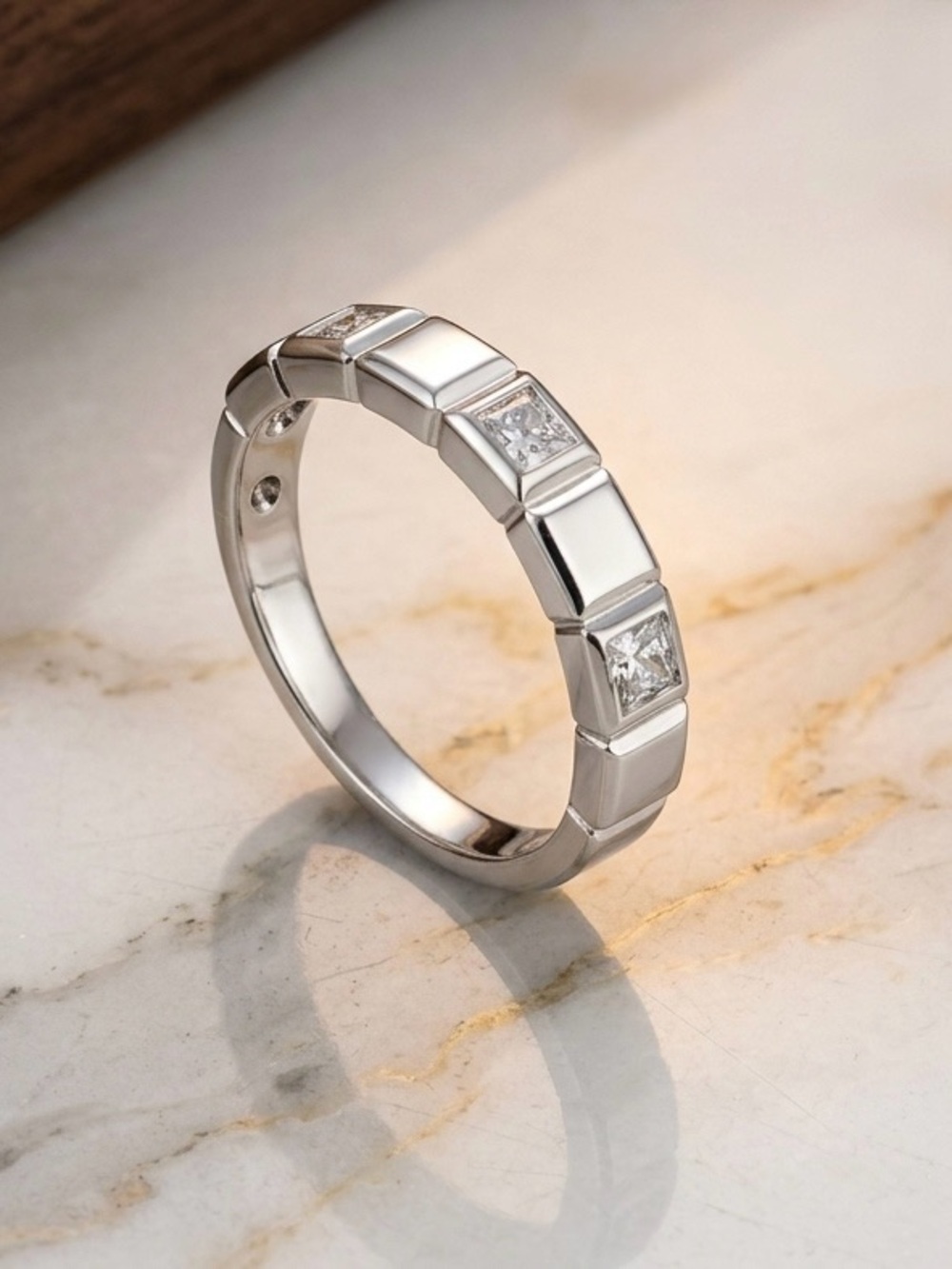 Platinum Plated Square-Cut Accent Band Ring | Silver Tone